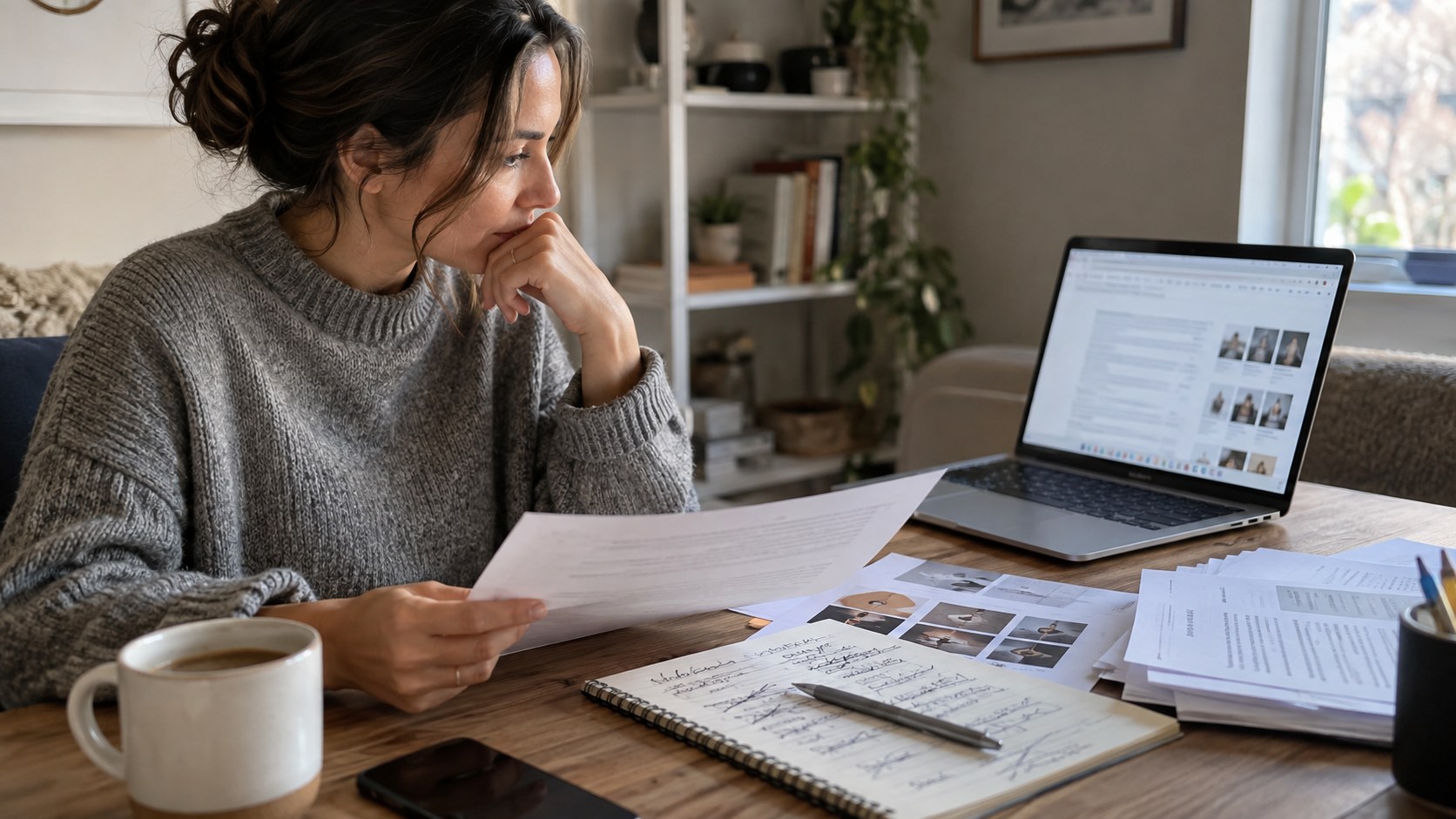 Woman reviews business documents beside a laptop at home.