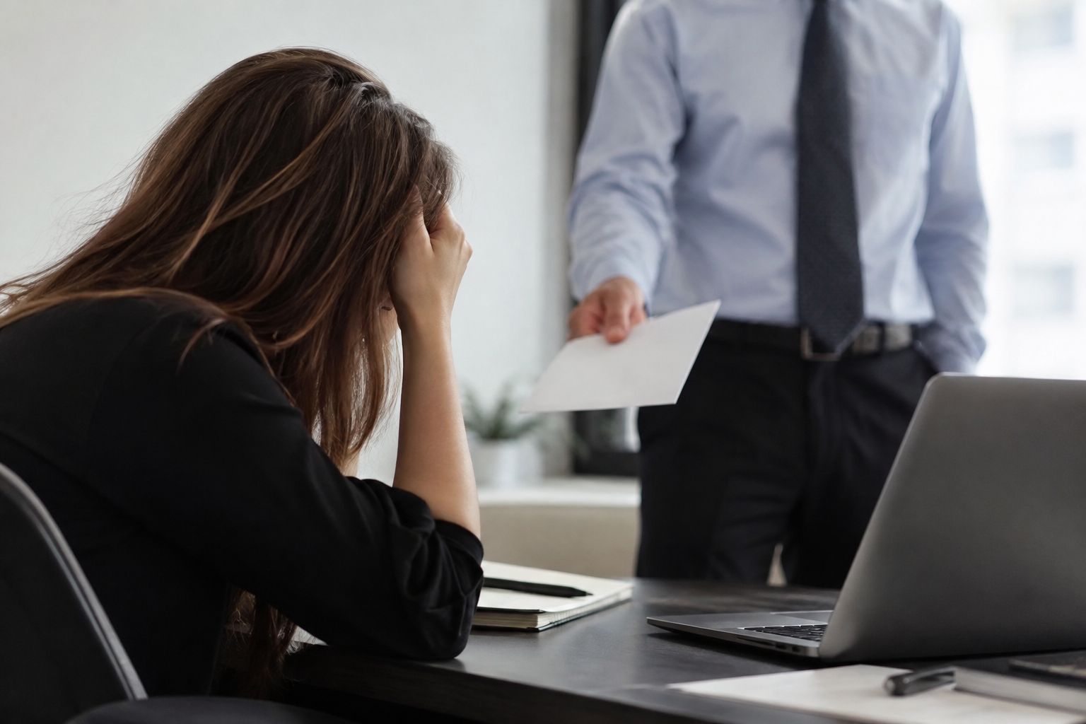 Woman at desk receiving a document from her employer.