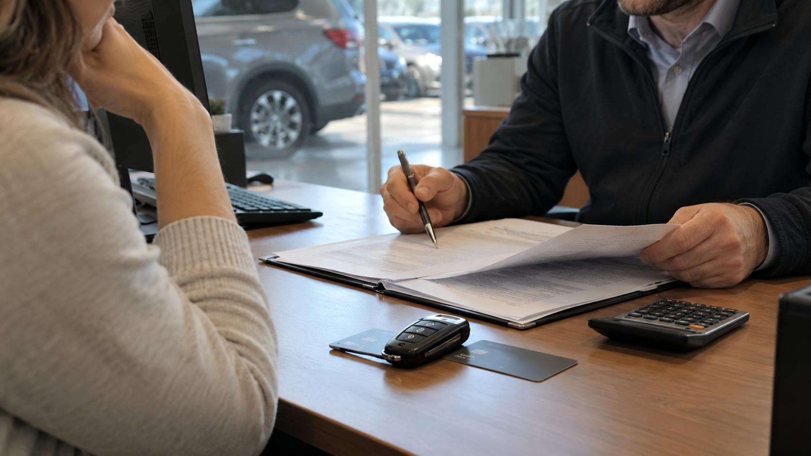 A customer sits across from a dealer with car documents and keys on the desk.