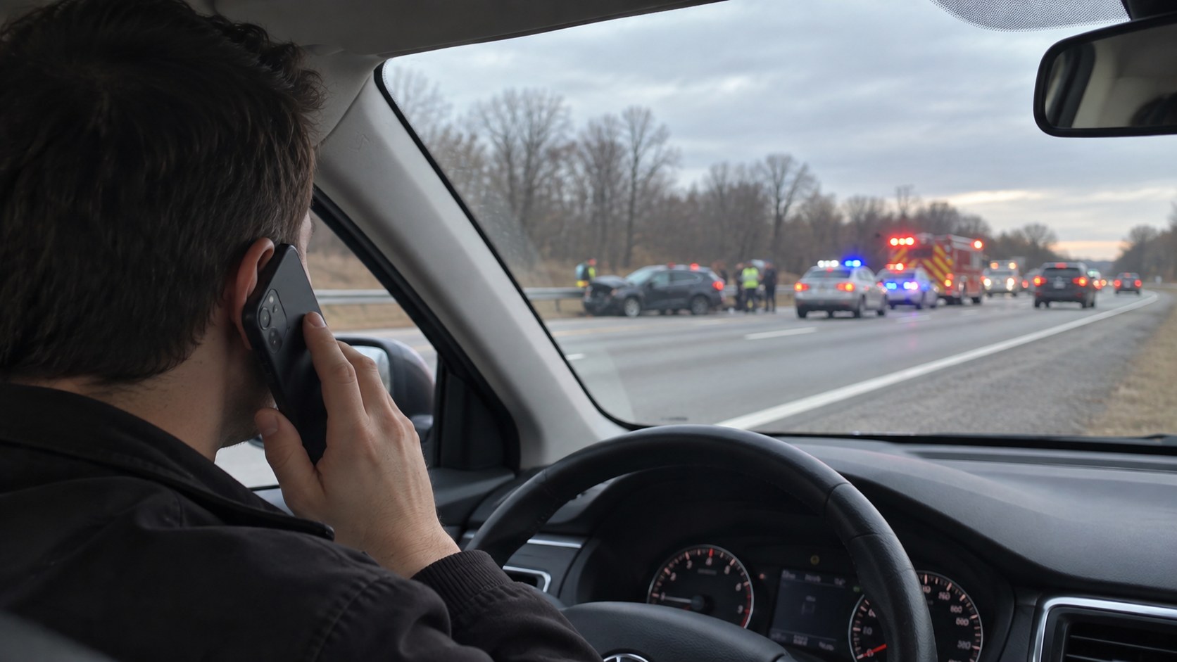 A driver calls for help as emergency crews respond to a highway crash.