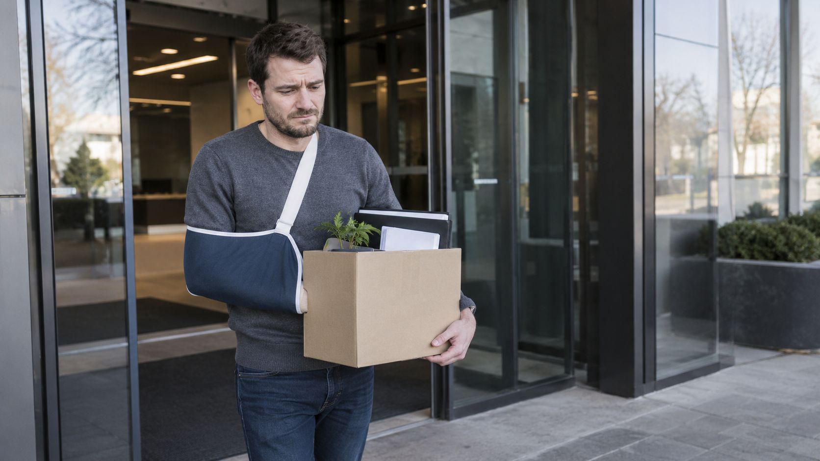 Injured man carrying a box while leaving an office building.