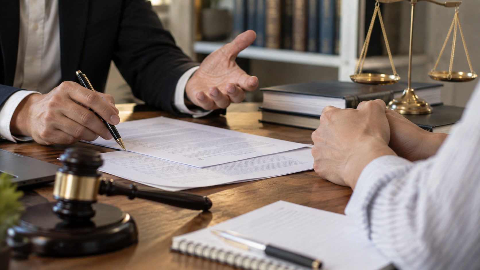 Lawyer discusses trademark documents with a client at a desk.
