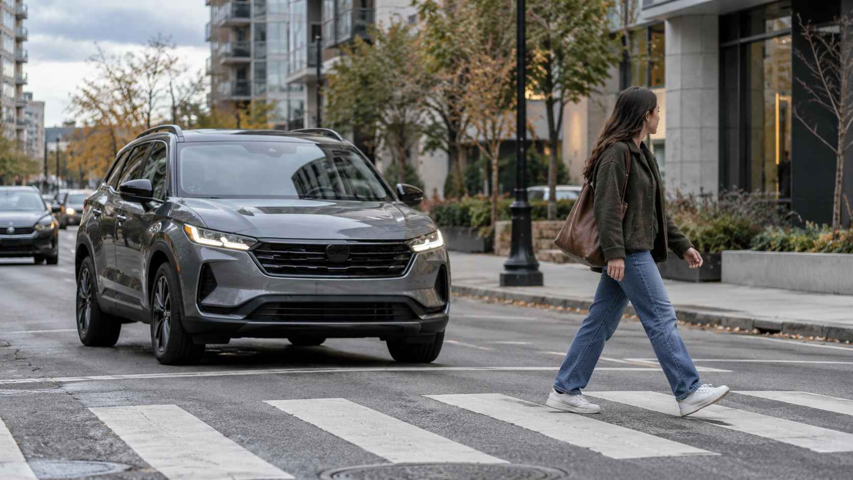 Pedestrian steps off a sidewalk beside the front bumper of a gray SUV on a city street.