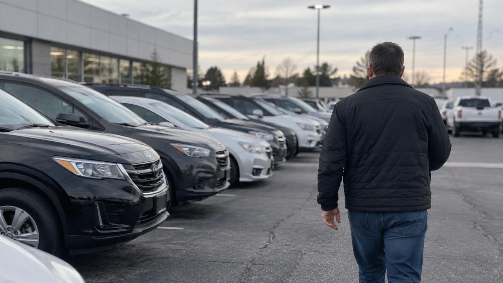 A man walks past rows of used vehicles at a dealership.