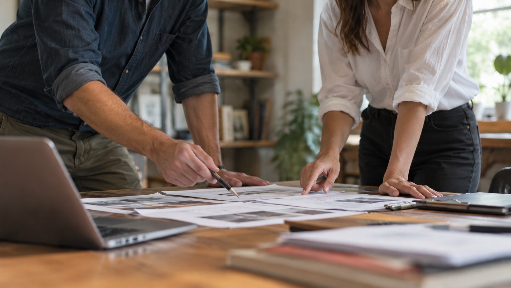 Two people review business documents beside a laptop.