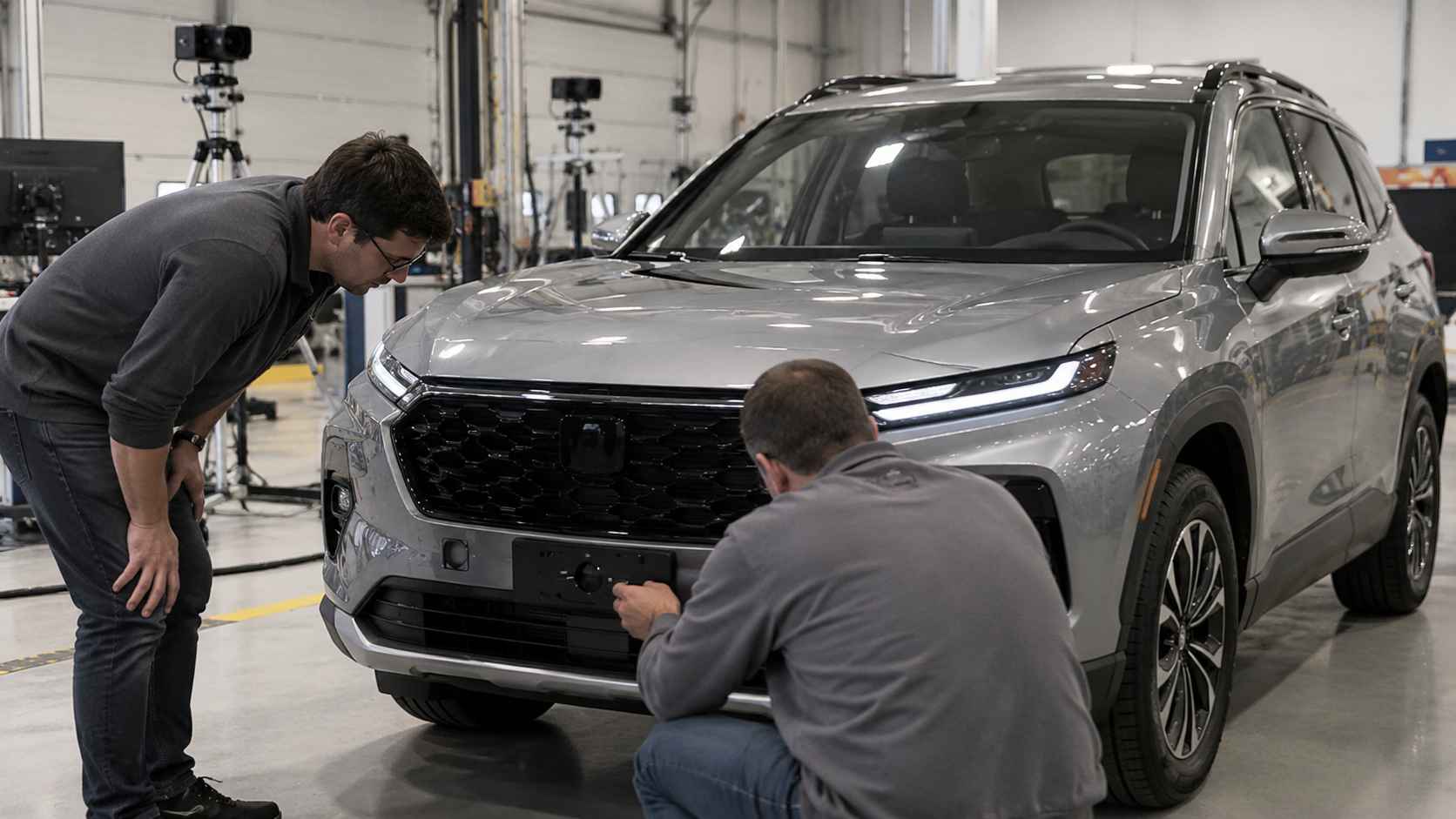 Two technicians examine the front bumper of a silver SUV inside an automotive safety test facility.