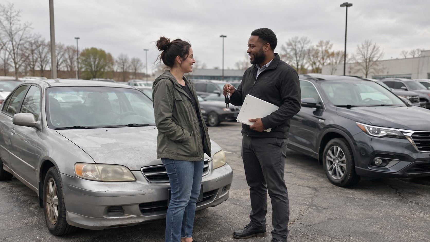 A woman stands beside her used car as a dealer holds the keys.