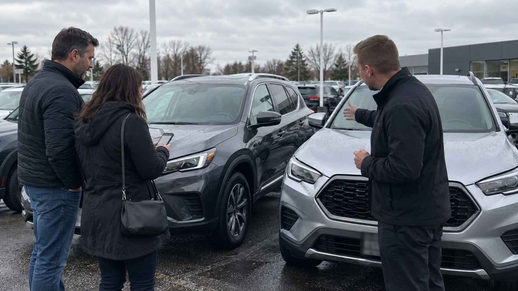 Two car buyers compare gray and silver SUVs with a salesperson at an outdoor dealership.