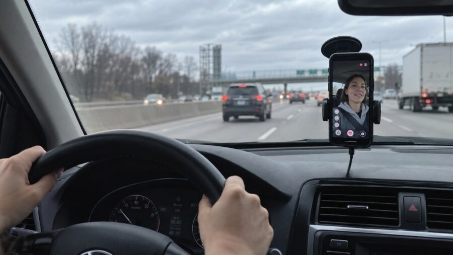 A driver uses a mounted smartphone for a live stream on a busy highway.