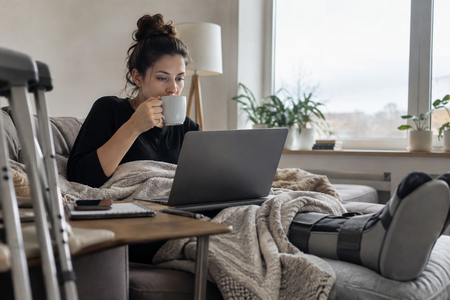 Injured woman with a leg brace using a laptop at home.