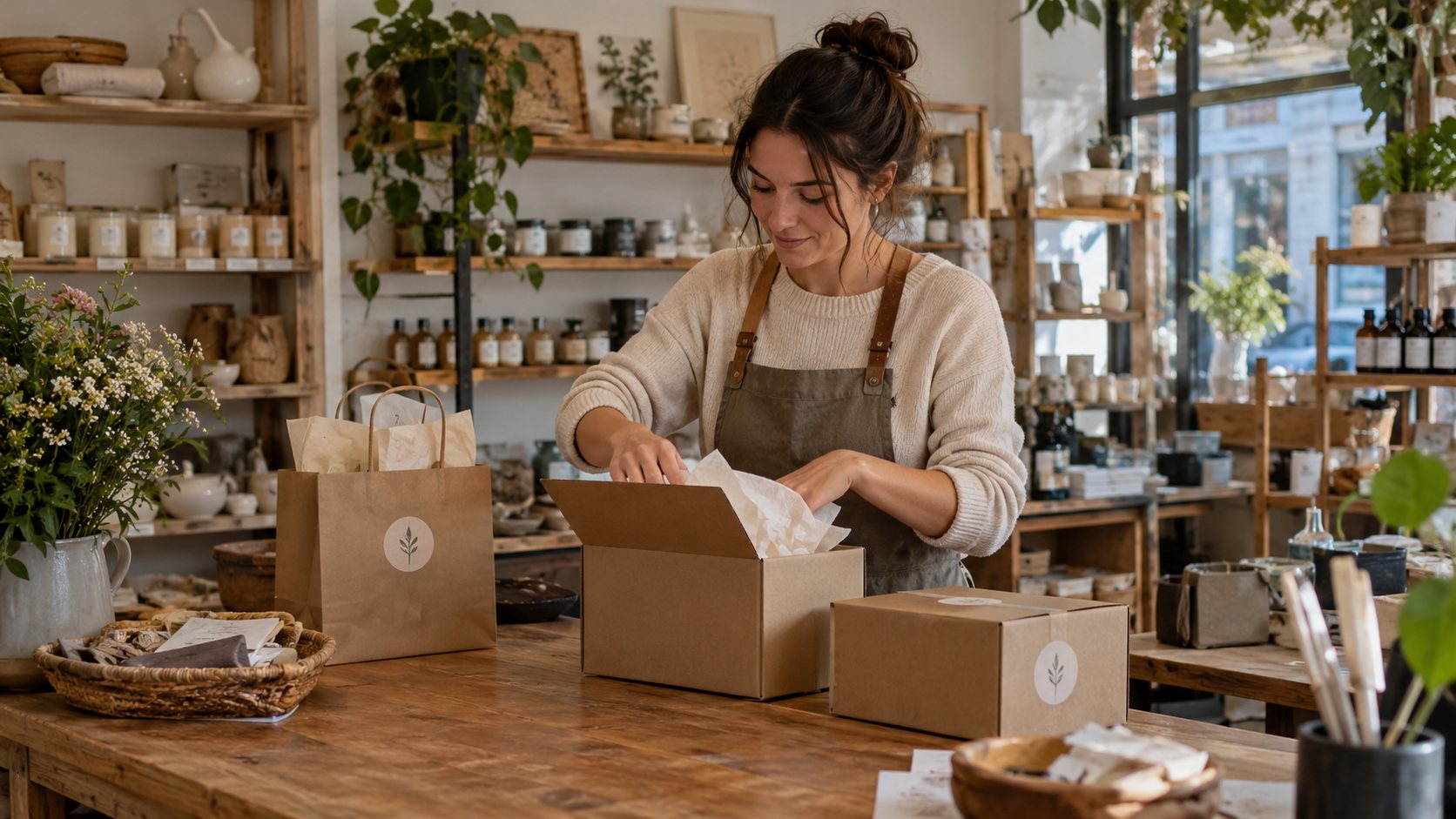 Small business owner packs products inside a retail shop.