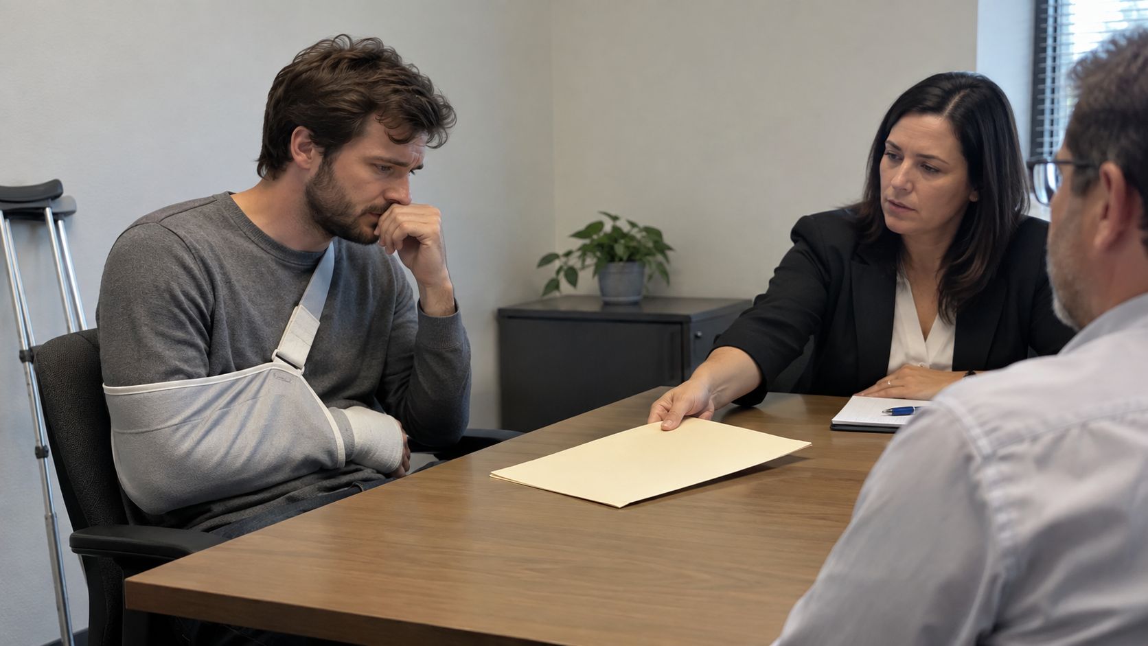 Injured man with arm sling meeting with workplace representatives.
