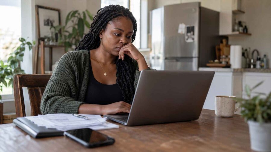 Black woman using a laptop at home while reviewing employment information.