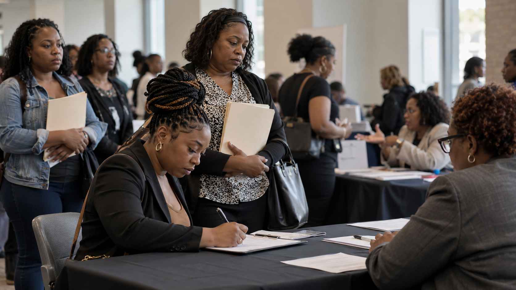 Black women speaking with recruiters and completing paperwork at a job fair.