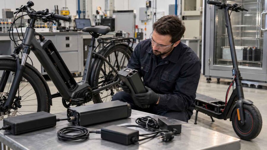Technician examining a lithium-ion battery pack in a workshop with an electric bicycle, e-scooter, and charging equipment.