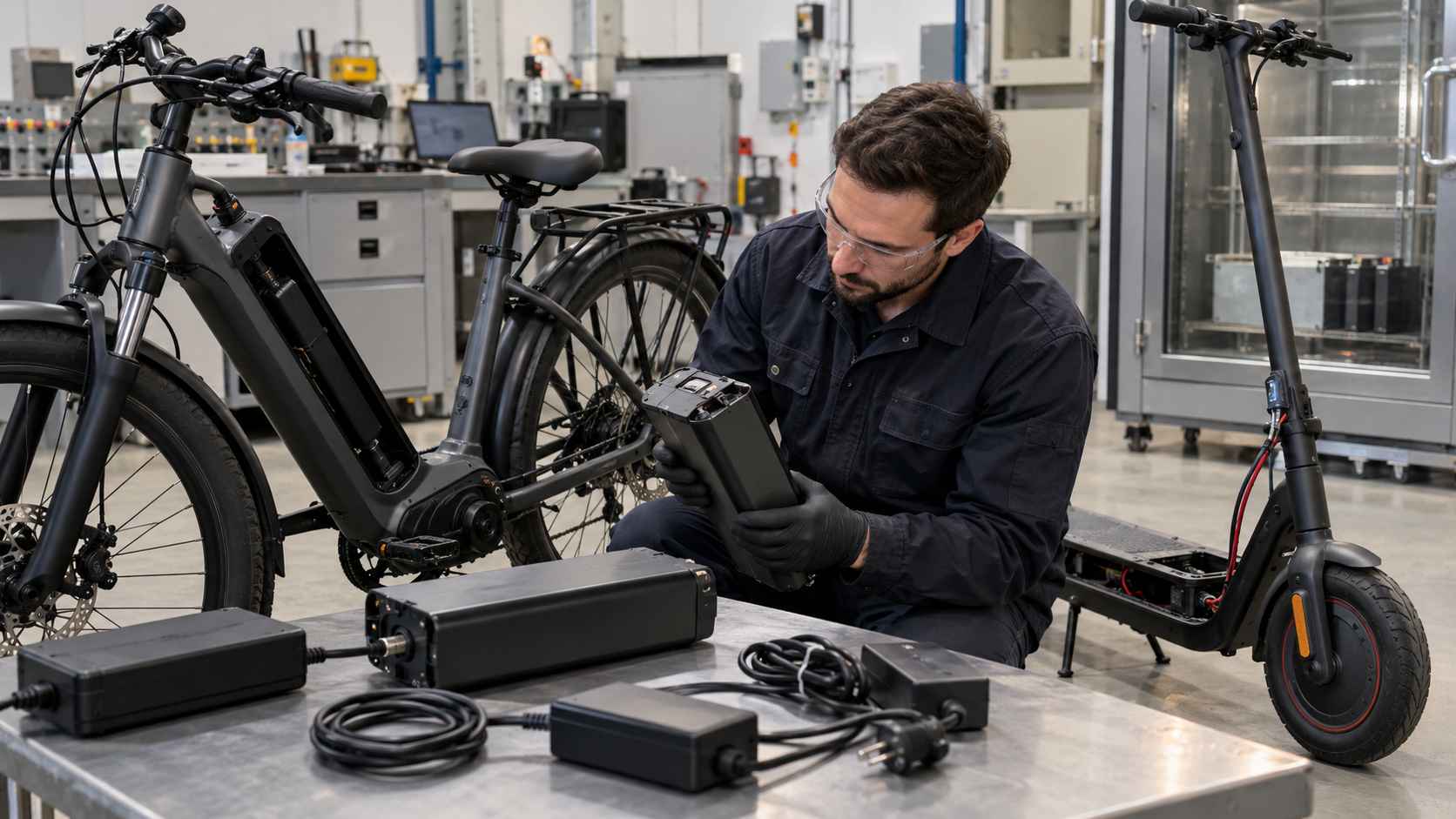 Technician examining a lithium-ion battery pack in a workshop with an electric bicycle, e-scooter, and charging equipment.