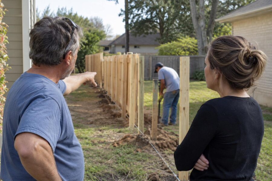 Homeowners discussing a property boundary while a contractor installs a wooden fence.