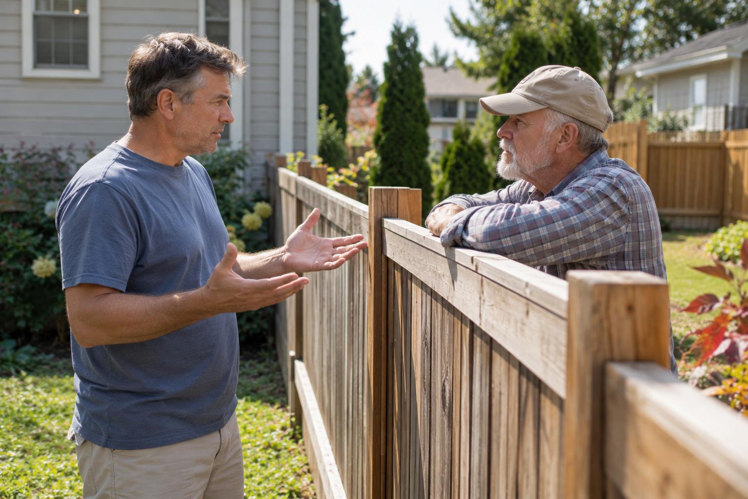 Two neighbors discussing a wooden fence separating their suburban backyards.