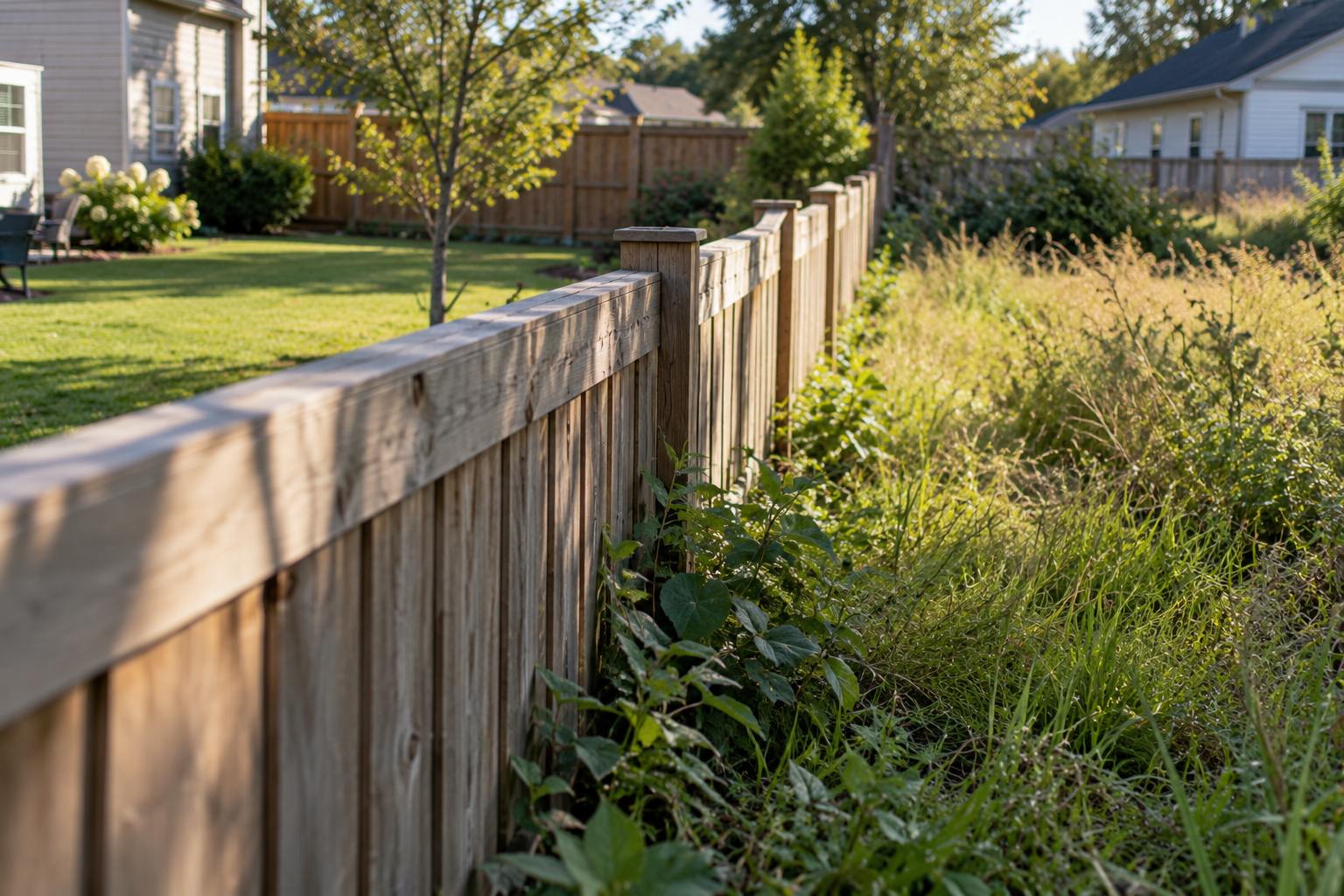 Weathered wooden fence separating a maintained backyard from an overgrown property.