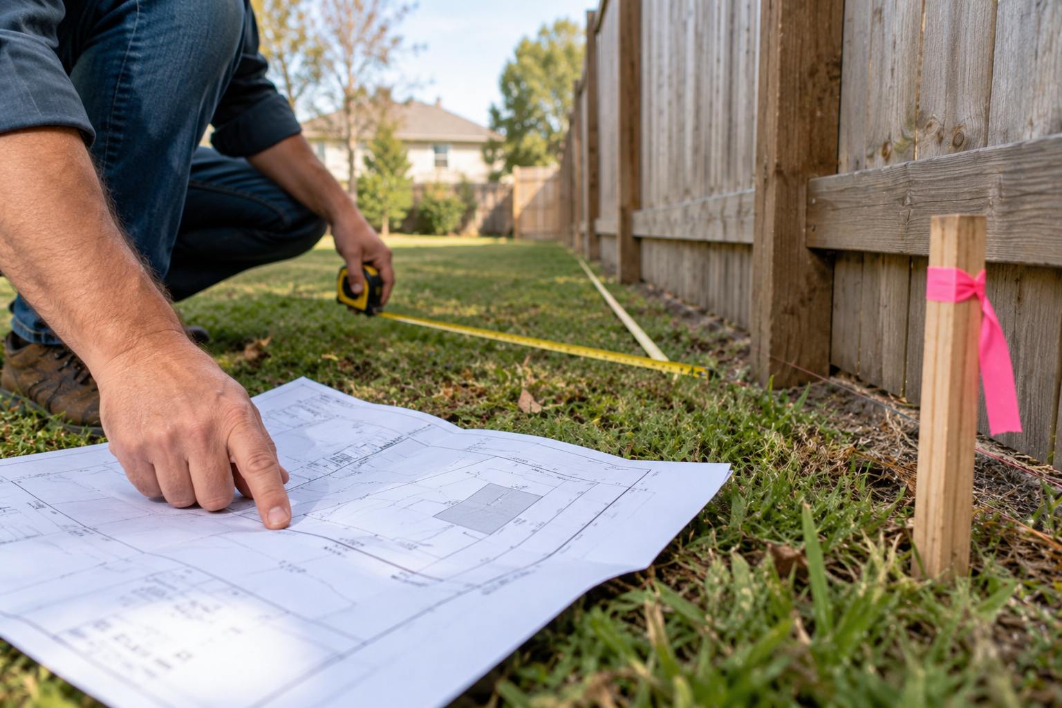 Homeowner measuring a property boundary beside a wooden fence using a tape measure and site plan.