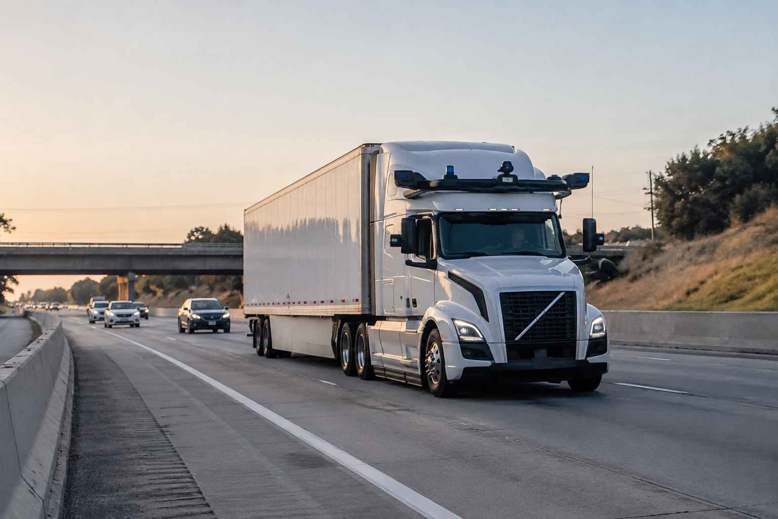 White self-driving semi-truck equipped with roof-mounted sensors traveling on a busy highway.