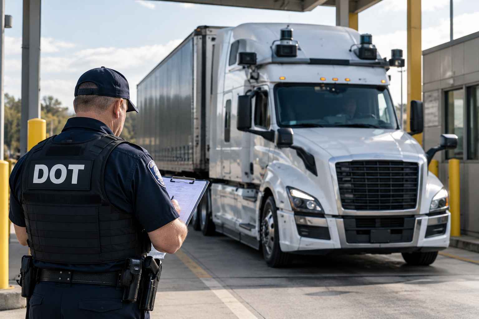 DOT officer reviewing inspection documents beside a white autonomous semi-truck at a commercial vehicle inspection station.