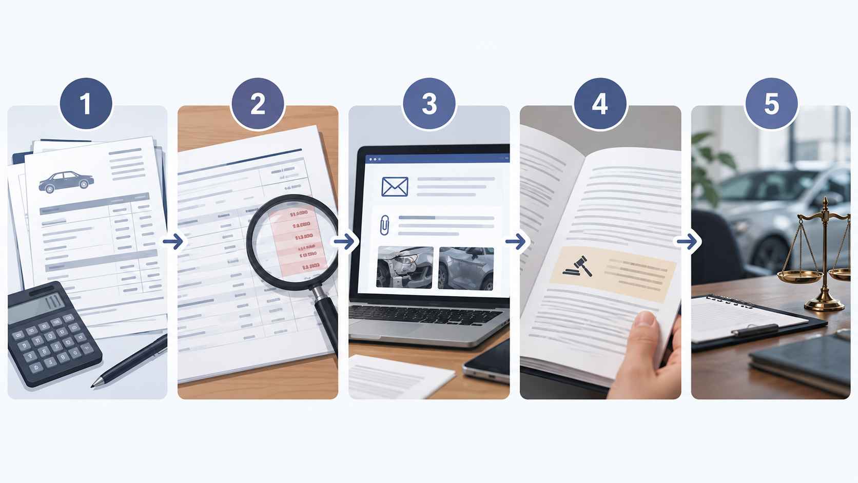 Five-step infographic showing insurance estimate review, disputed costs, evidence submission, policy review, and professional assistance.