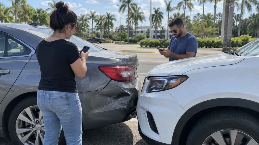 Two Florida Drivers photographing a minor car accident involving a gray sedan and white SUV in Florida.