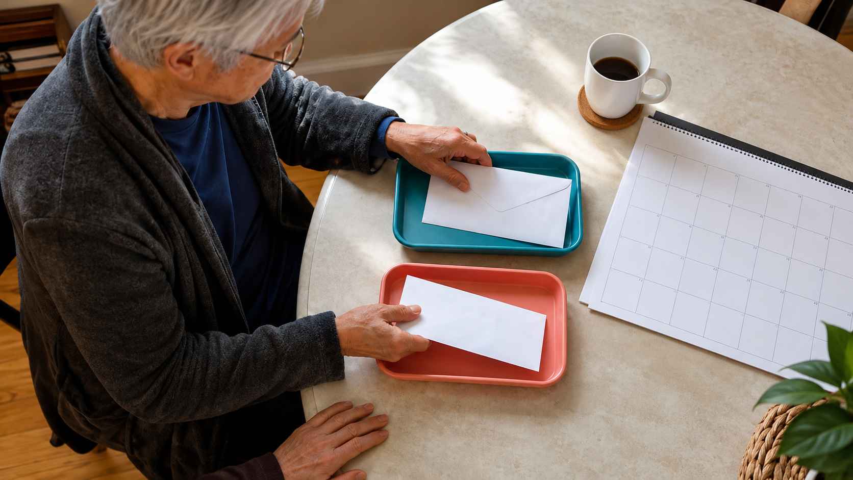 Elderly man sorting envelopes into colored trays beside a monthly calendar and coffee cup at home.