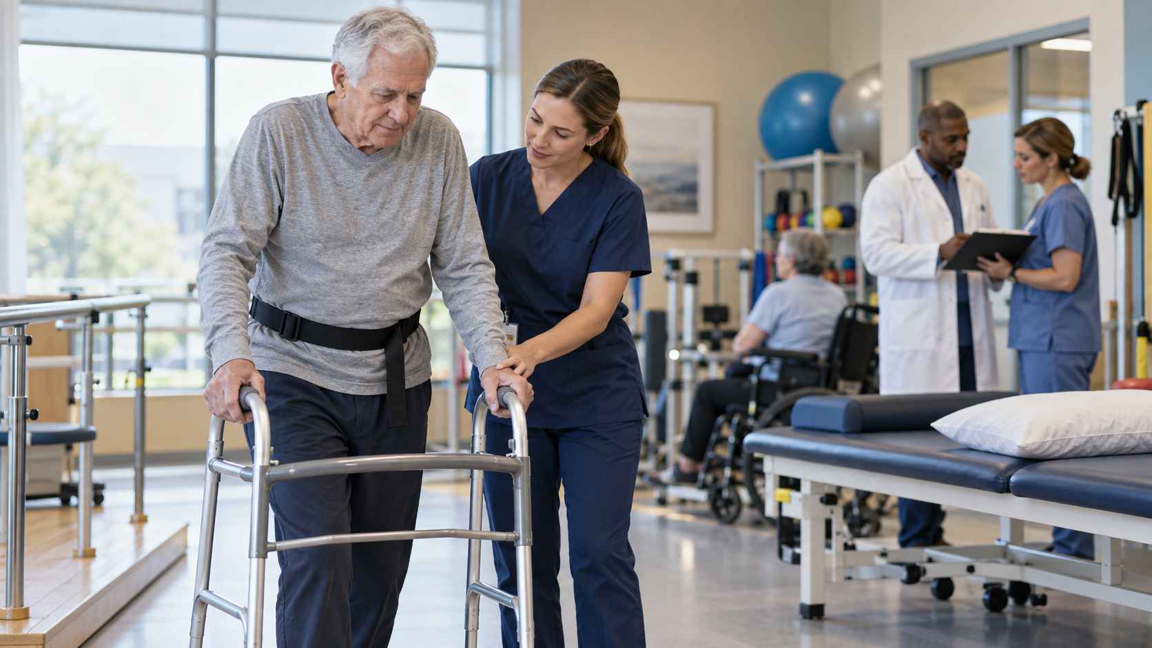 Elderly man using a walker with assistance from a physical therapist while healthcare professionals coordinate care in a rehabilitation center.