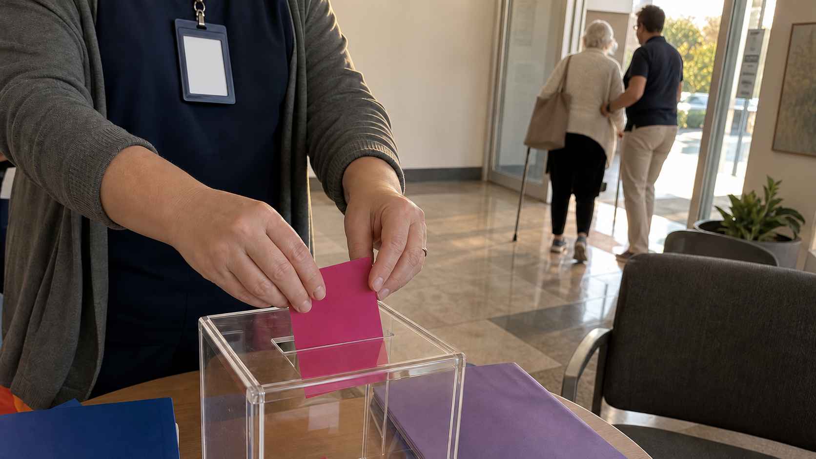 Healthcare worker placing a pink document into a transparent box while an elderly patient walks toward the rehabilitation facility exit with a caregiver.