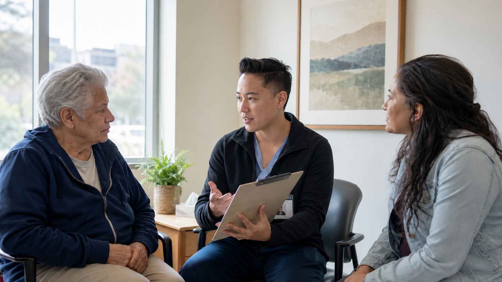Older man and female family member speaking with a healthcare professional holding a clipboard during a rehabilitation preadmission consultation.