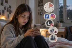 Teenage girl using a smartphone in her bedroom, with Facebook and Instagram icons, a screen-time clock, nighttime restrictions, and parental control symbols