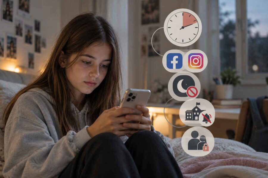 Teenage girl using a smartphone in her bedroom, with Facebook and Instagram icons, a screen-time clock, nighttime restrictions, and parental control symbols