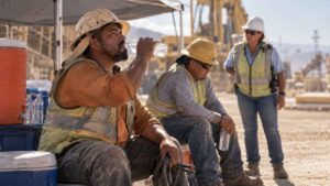 Construction workers resting under a shaded canopy, with one drinking water while others take a break at a dusty job site.