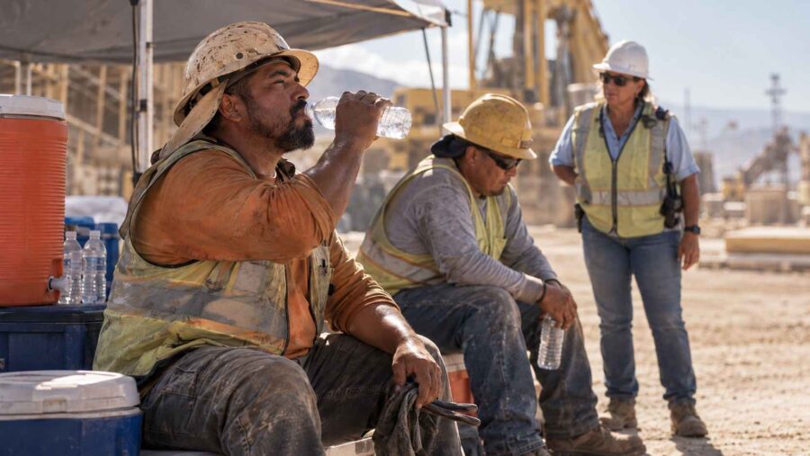 Construction workers resting under a shaded canopy, with one drinking water while others take a break at a dusty job site.