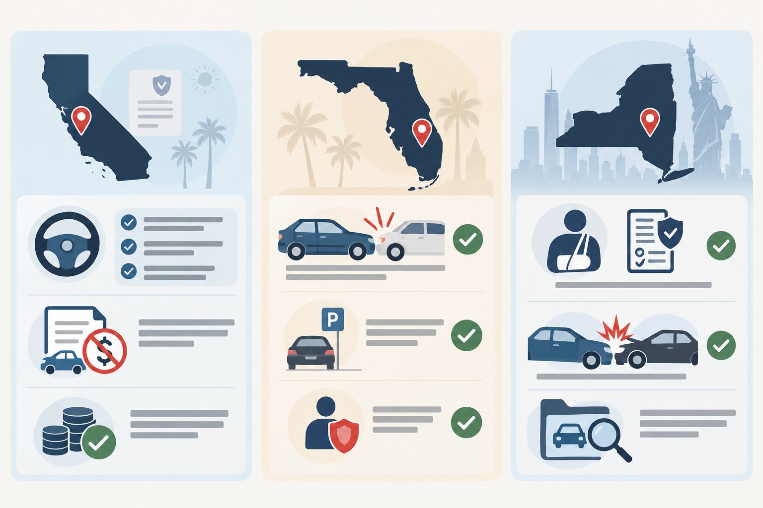 Three-panel infographic illustrating no-fault accident insurance protections in California, Florida, and New York.