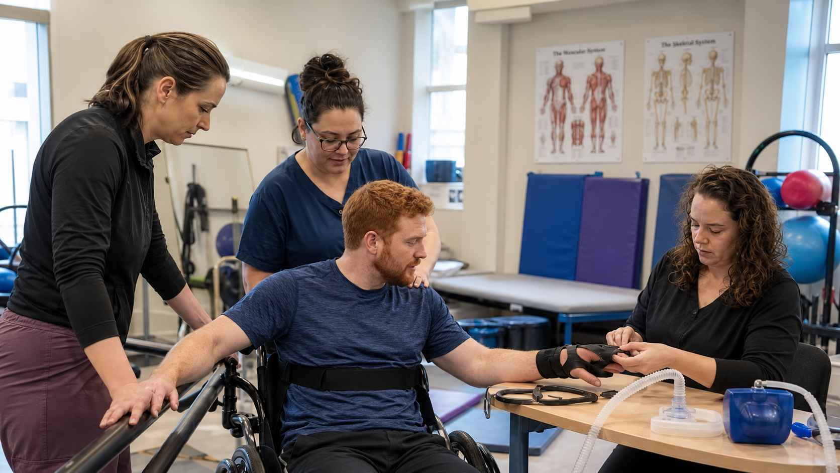 Man in a wheelchair receiving hand therapy and mobility assistance from three rehabilitation specialists in a clinical setting.