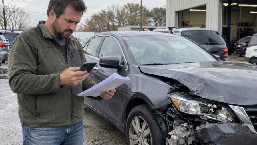 Man checking insurance documents and his phone beside a damaged gray sedan at an auto repair shop.