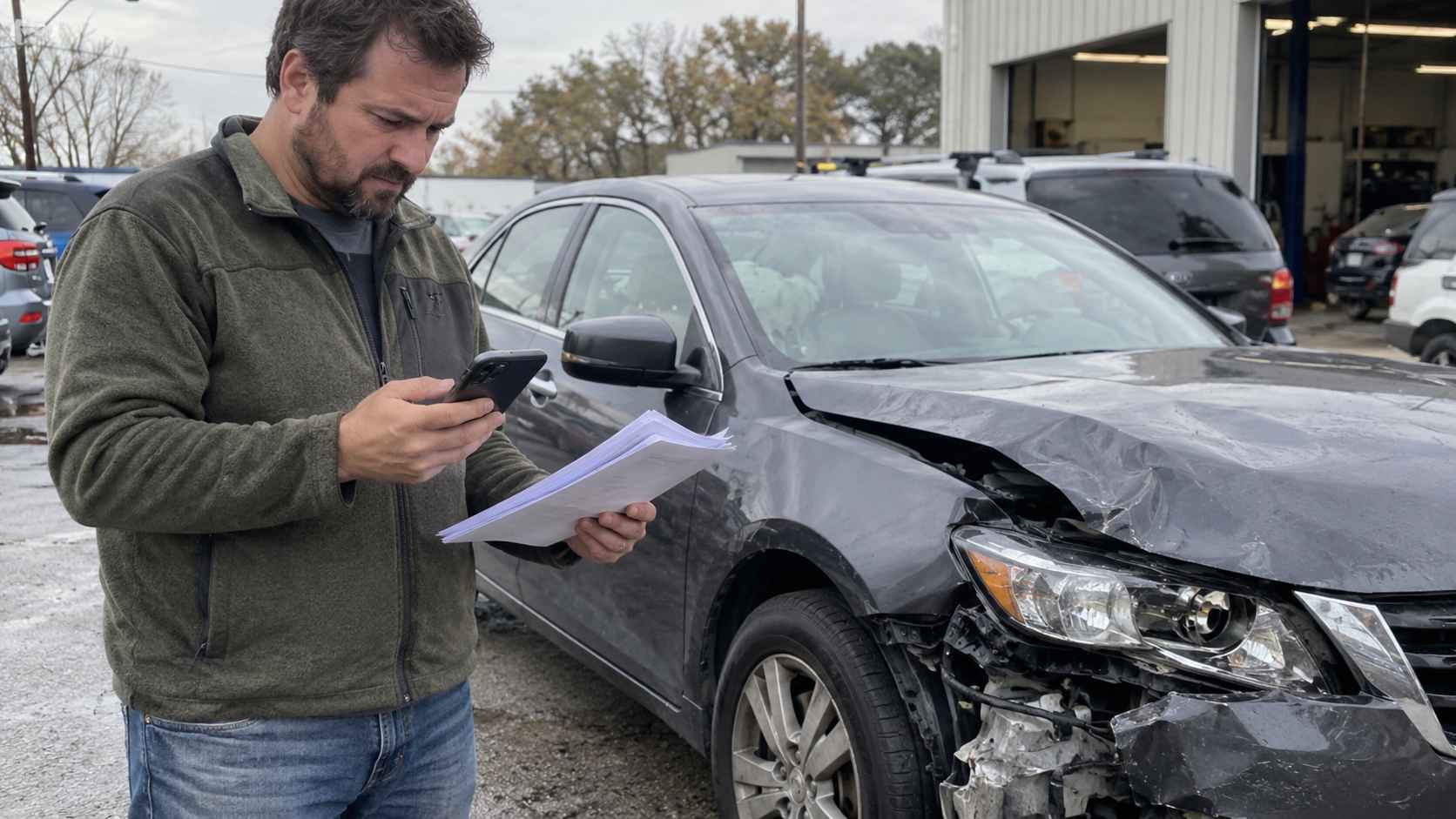 Man checking insurance documents and his phone beside a damaged gray sedan at an auto repair shop.