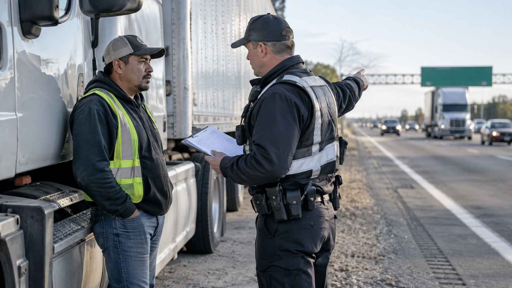 Truck driver speaking with a roadside inspector beside a semi-truck during a commercial vehicle inspection.