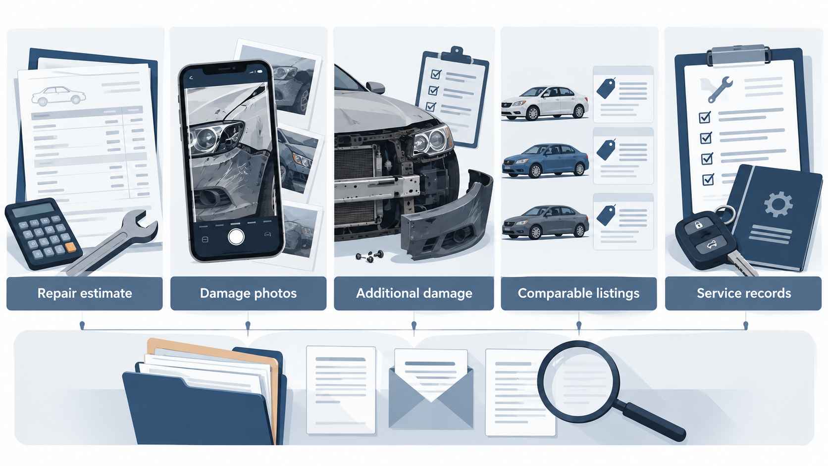 Infographic showing repair estimates, vehicle damage photos, additional damage, comparable car listings, and service records.