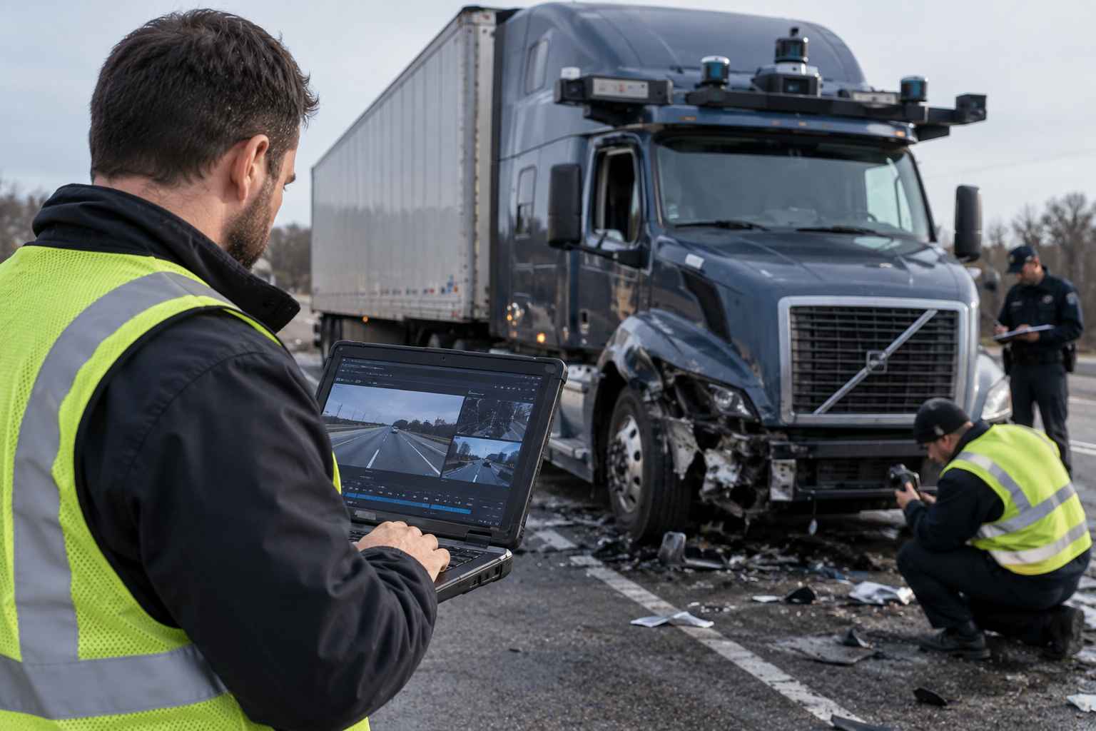 Accident investigators reviewing dashcam footage and inspecting a damaged dark-blue autonomous semi-truck.