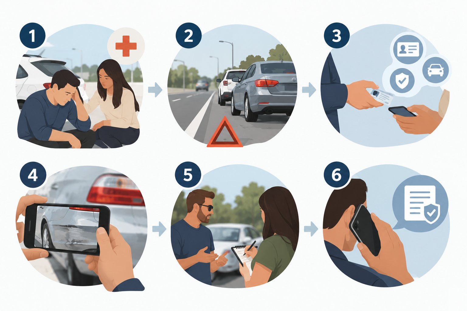 Six-step infographic showing how to handle a minor car accident, from checking injuries to contacting insurance.