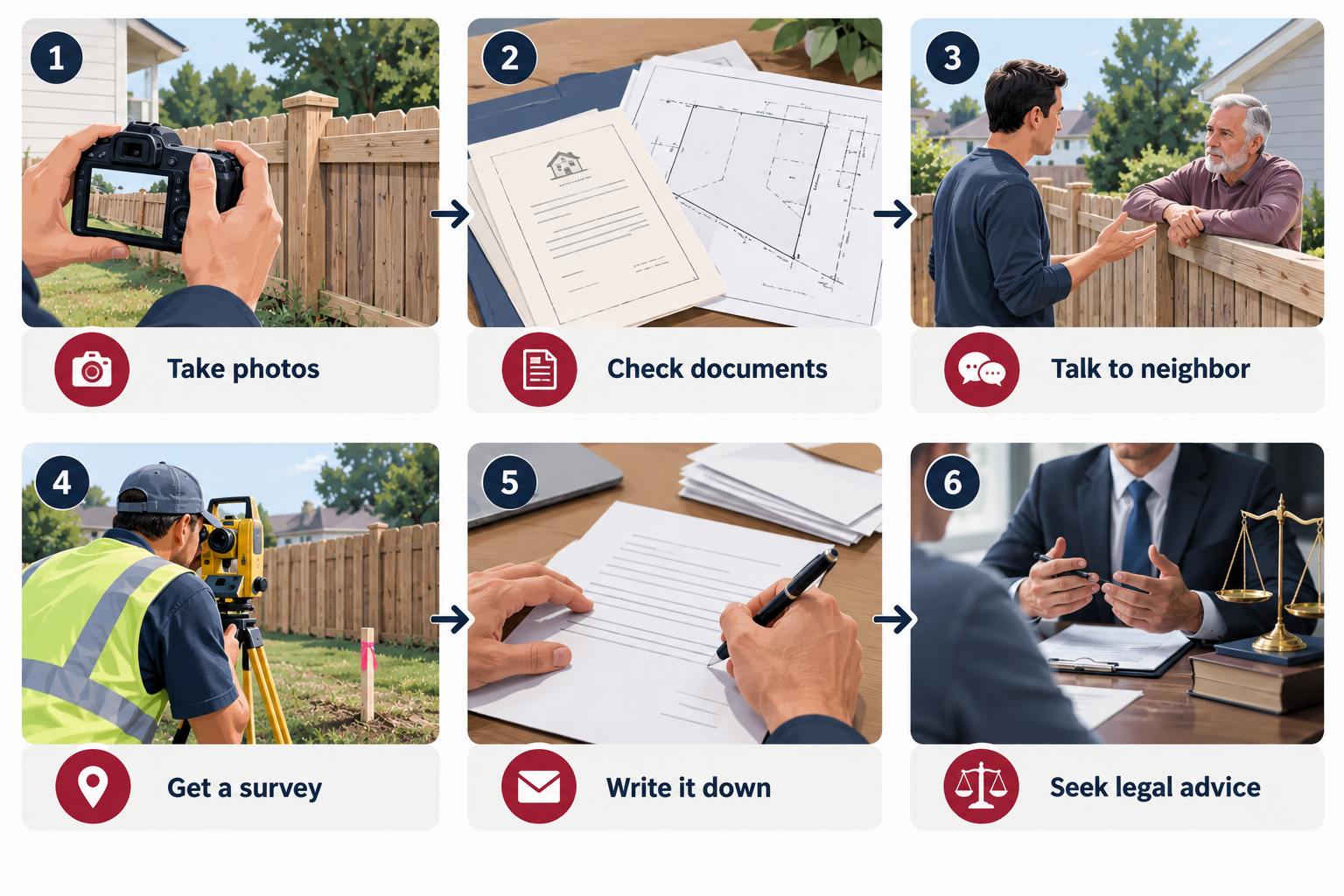 Six-step infographic showing how to handle a neighbor's fence built on your property.