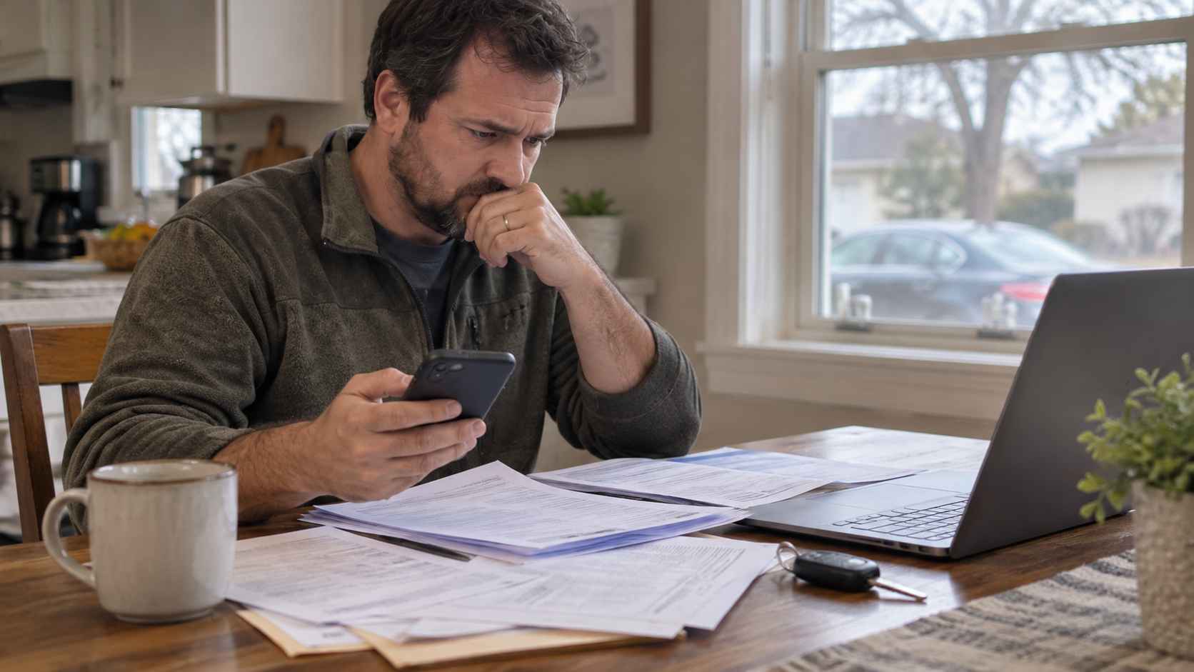 Man reviewing auto insurance paperwork and checking his phone at a kitchen table.