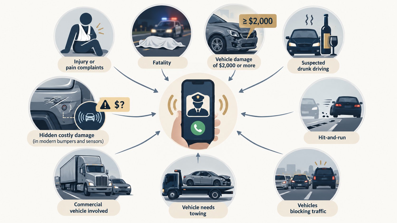 Infographic showing crash injuries, fatalities, $2,000 vehicle damage, drunk driving, hit-and-run incidents, and other police reporting concerns.