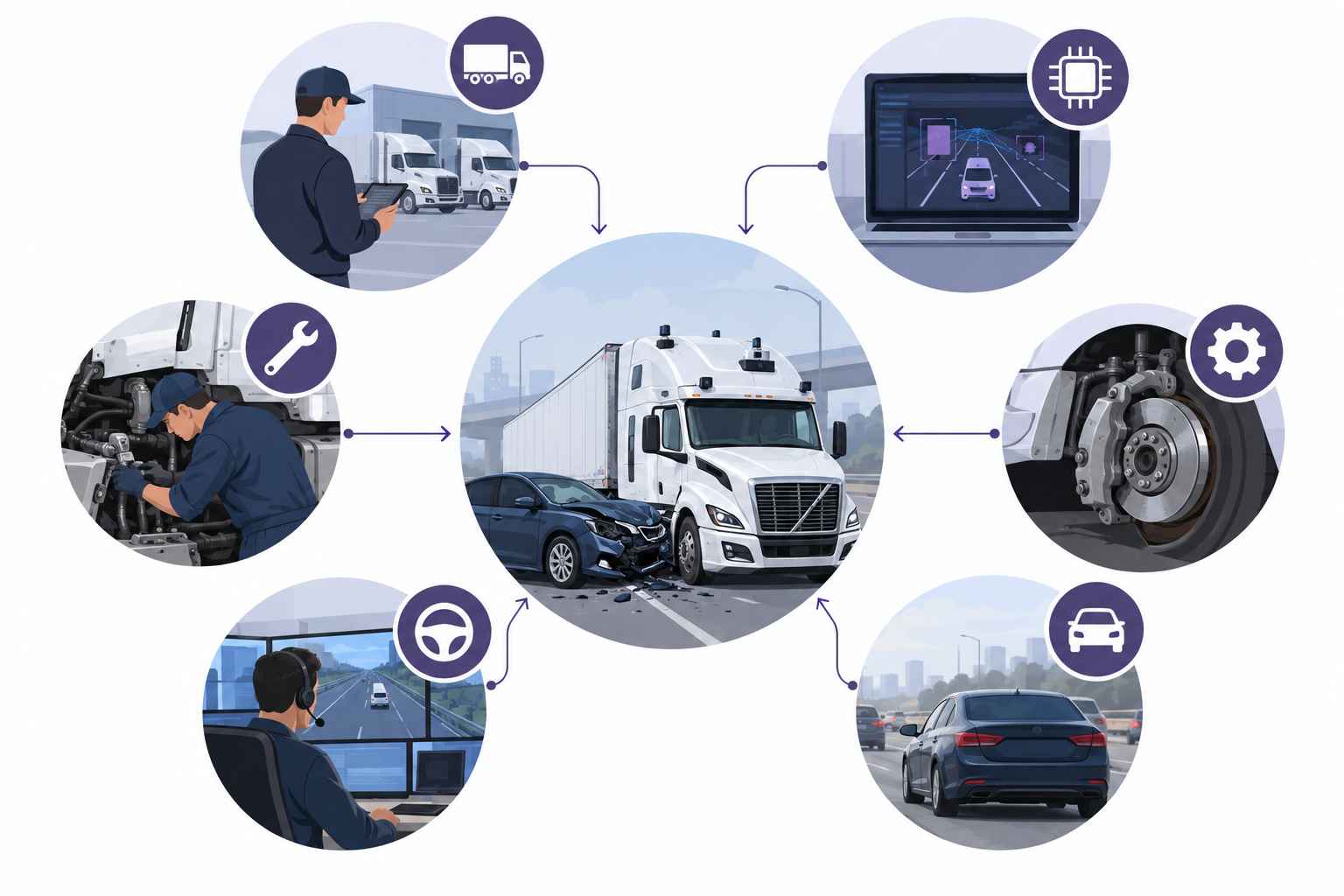 Infographic showing six potentially responsible parties connected to a driverless truck collision.