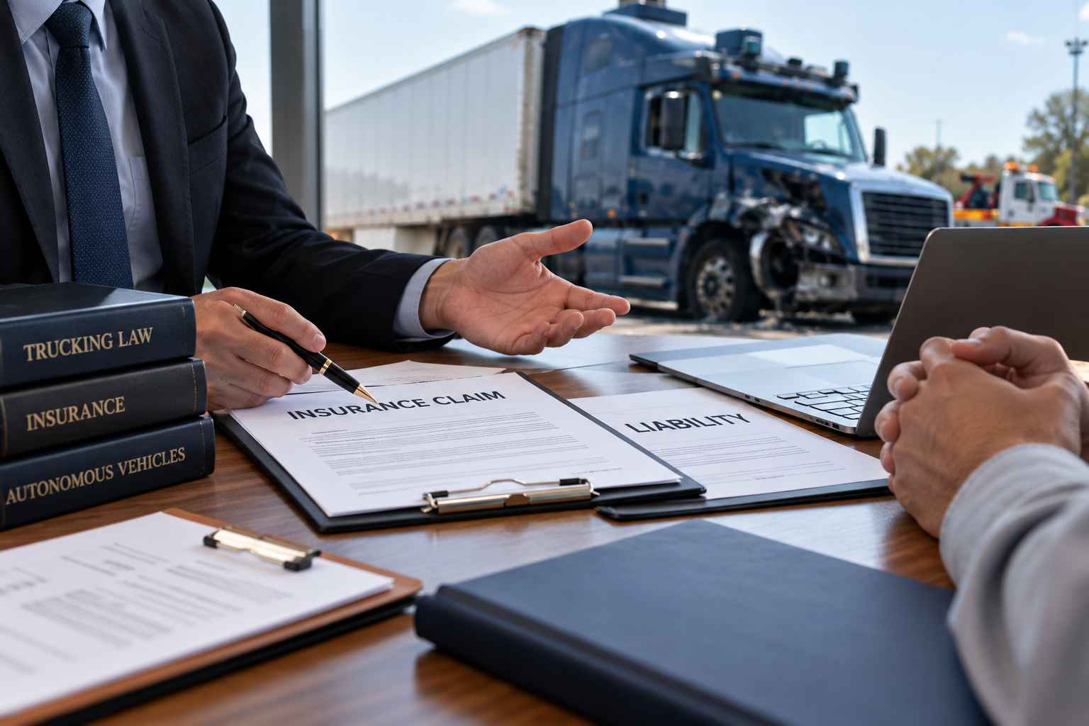 Lawyer discussing insurance claims and liability documents with a client following a driverless truck collision.