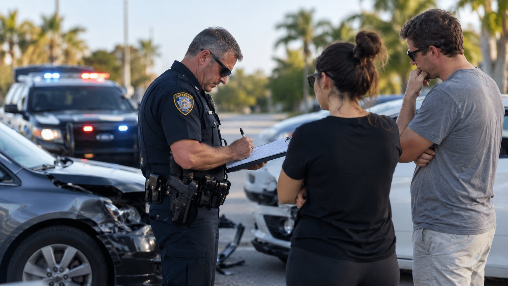 Police officer completing an accident report beside two damaged vehicles in Florida.